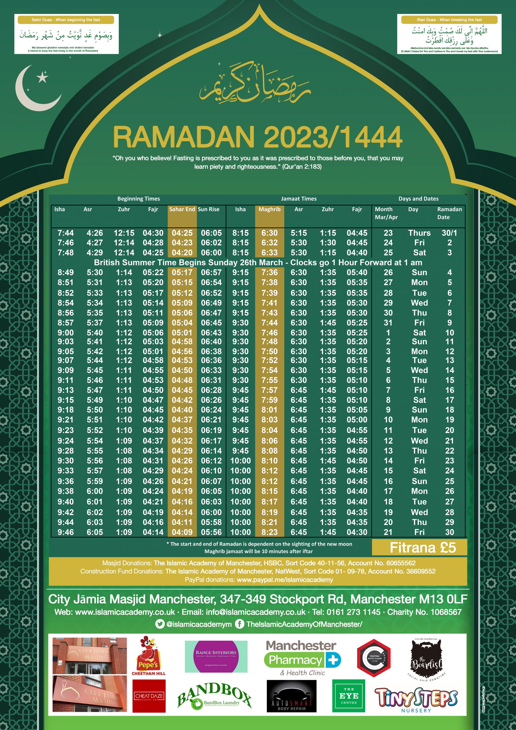 Ramadan 2023 Prayer timetable The Islamic Academy of Manchester